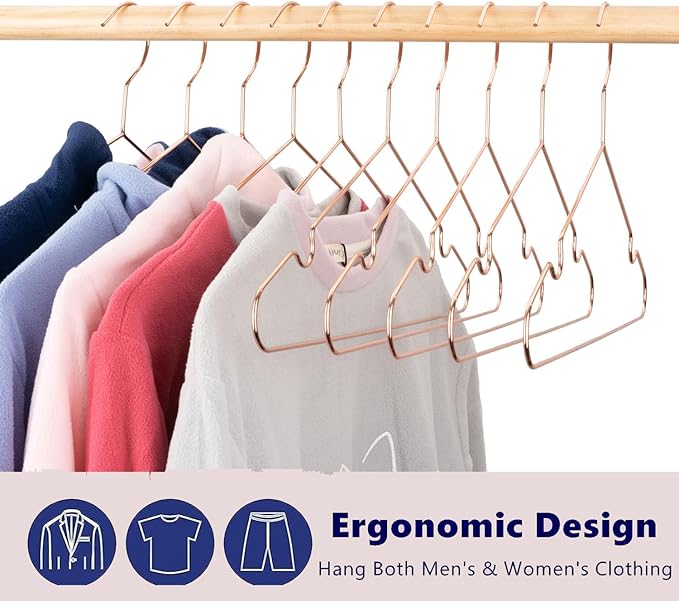10-Pack Rose Gold Metal Wire Clothes Hangers，16.5" Heavy Duty Wire with Non Slip Notch, Strong Stainless Steel Hangers Space Saving