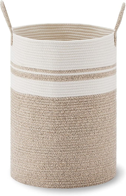 VIPOSCO Large Laundry Hamper, Tall Woven Rope Storage Basket for Blanket, Toys, Dirty Clothes in Living Room, Bathroom, Bedroom - 58L Brown & White
