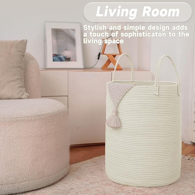 Large Woven Laundry Basket Hamper,100L Cotton Rope Storage Bin for Blankets,Toys and Clothes,Decorative Tall Nursery Hamper for Living Room,Baby Nursery,Bathroom and Bedroom,White