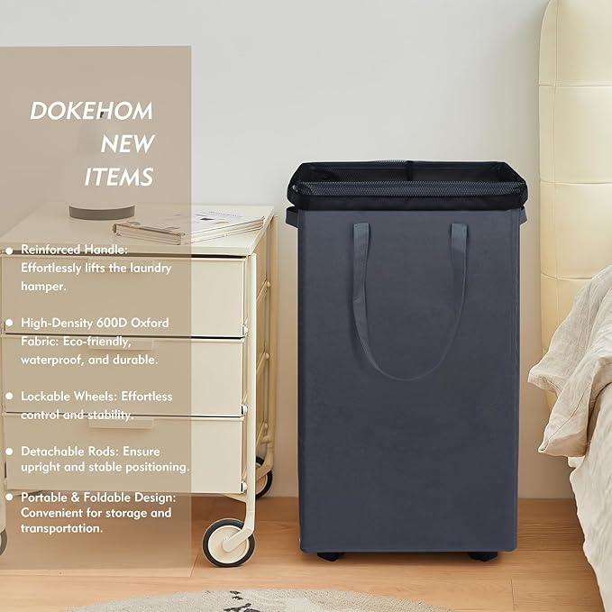 DOKEHOM 90L X-Large Laundry Basket with Removable Wash Bag on Wheels, Collapsible Rolling Laundry Hamper, Foldable Clothes Organizer, Folding Washing Bin (Grey)