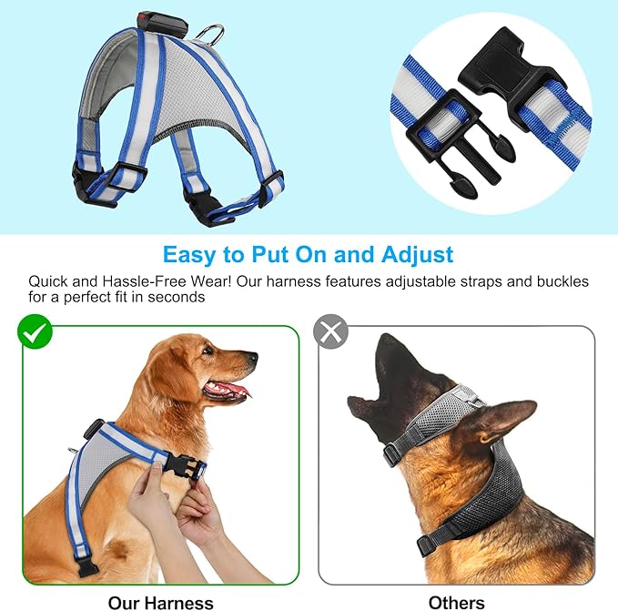 Visinite LED Dog Harness, USB Rechargeable Light Up Dog Vest, 2 Illuminate Modes Glow in The Dark Dog Harness, Adjustable Lighted Pet Harness Light for Night Walking Safety(Blue, XL)