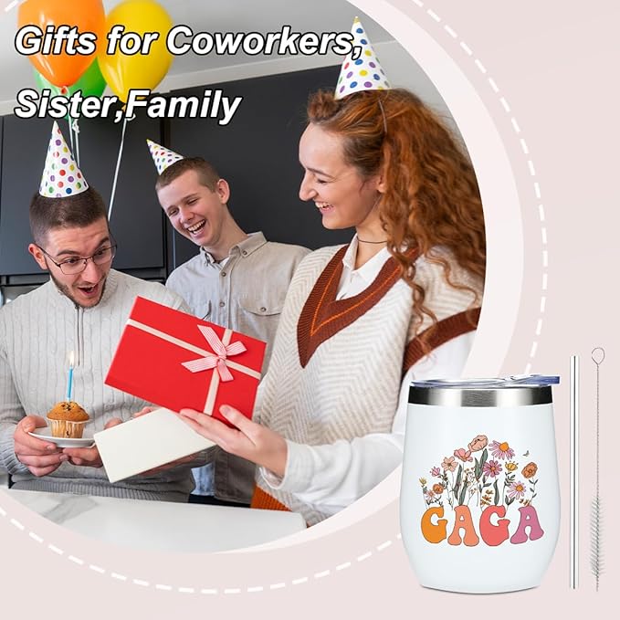 Gaga Grandma Birthday Gifts Wine Tumbler 12 oz Insulated Wine Glass Cup with Lid Straw Vacuum Insulated Travel Cup,Grandma Gifts from Granddaughter for Women Grandmother Christmas Mothers Day