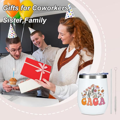 Gaga Grandma Birthday Gifts Wine Tumbler 12 oz Insulated Wine Glass Cup with Lid Straw Vacuum Insulated Travel Cup,Grandma Gifts from Granddaughter for Women Grandmother Christmas Mothers Day