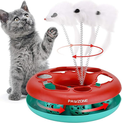 Pawzone Cat Toys, Cat Toys for Indoor Cats,Interactive Kitten Toys Roller Tracks with Catnip Spring Pet Toy with Exercise Balls Teaser Mouse (red)