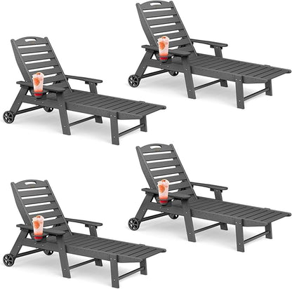 Lounge Chair Outdoor Set of 4 with Wheels, Adjustable 6-Position Chaise Lounge Outdoor, Patio Lounge Chair for Poolside Backyard, Grey