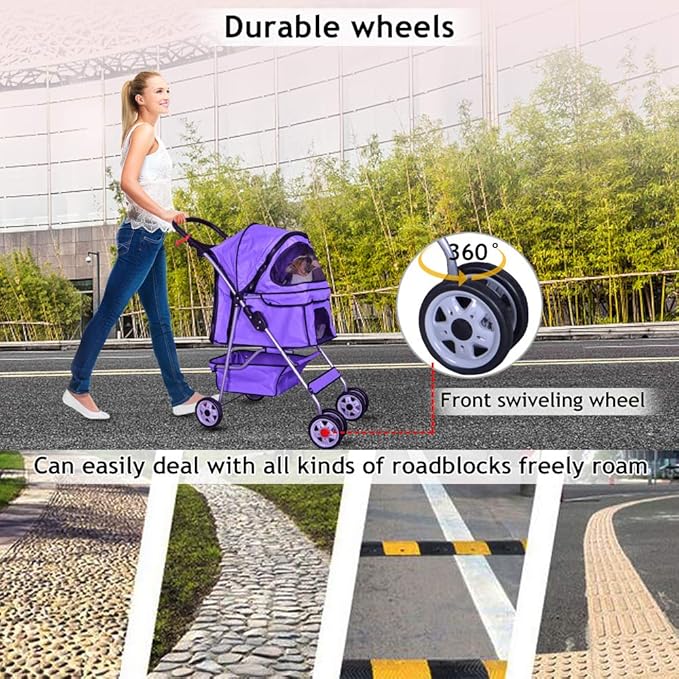 4 Wheels Pet Stroller Cat Dog Cage Stroller Travel Folding Carrier with Cup Holders and Removable Liner for Small-Medium Dog, Cat (Purple)