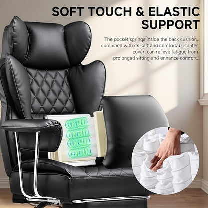 COMHOMA Big and Tall Office Chair, High Back Leather Gaming Chair with Footrest, Executive Ergonomic Office Chair with Pocket Spring Lumbar Support and with Outward Fixed Soft Armrests