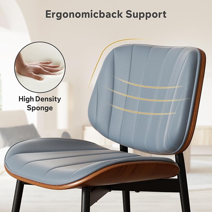 Dining Chair, Mid Century Modern Dining Room Chairs, Upholstered Faux Leather Kitchen Chairs with Walnut Bentwood Back and Metal Legs for Kitchen Dining Room Living Room, Blue