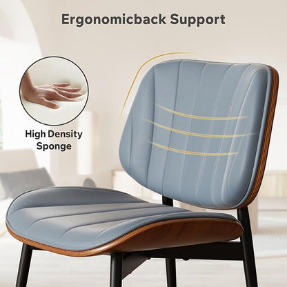 Dining Chairs Set of 6, Mid Century Modern Dining Room Chairs, Upholstered Faux Leather Kitchen Chairs with Walnut Bentwood Back and Metal Legs, Blue
