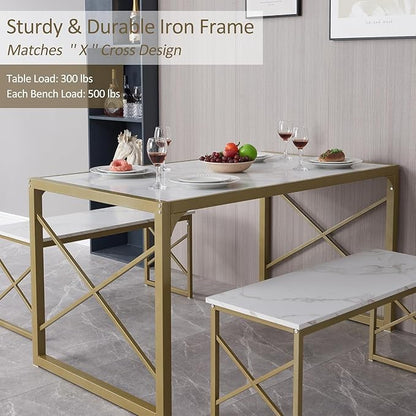 VECELO Kitchen Dining Table Benches Set for 4, 55" Wooden Dinette with 2 Benches, Heavy-Duty Dining Room Table for Small Space, Breakfast Nook, Gold
