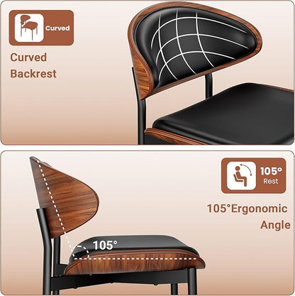 Dining Chairs Set of 8, Dining Room and Kitchen Chairs, Mid Century Modern Retro Chair, Upholstered PU Leather Chairs for Vanity with Walnut Bentwood and Metal Legs (Black)