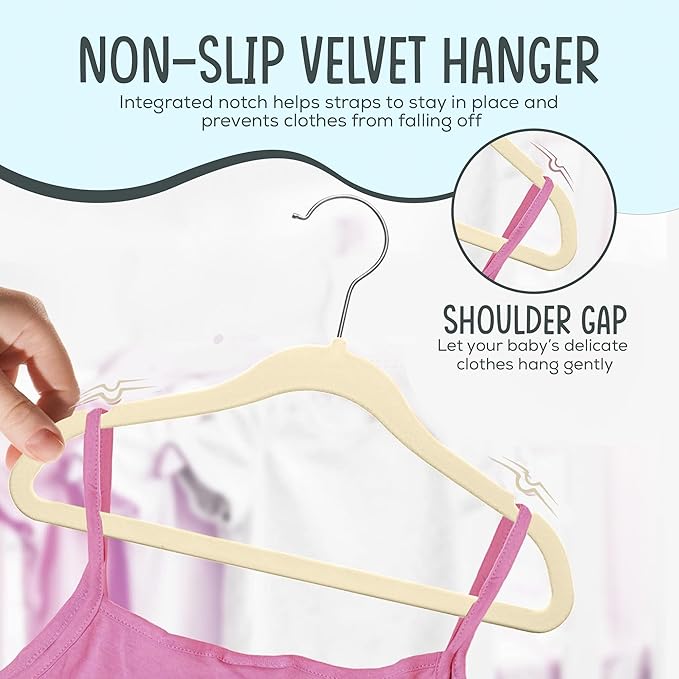 25 Premium Baby Velvet Hangers - 11.8 Inches Non-Slip & Ultra-Slim Baby Hangers for Space-Saving & Children Clothes - 360 Swivel Hook, Strong & Durable Infant & Toddler Clothes Hanger - Beige