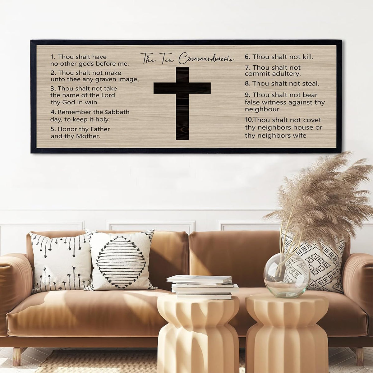 Ten Commandments Rustic Bible Verse Framed Wall Art 40" x 15" Black Religious Christian Slogan Representing God Jesus Christ Prayer Vintage Holy Inspirational Catholic Scripture Decor