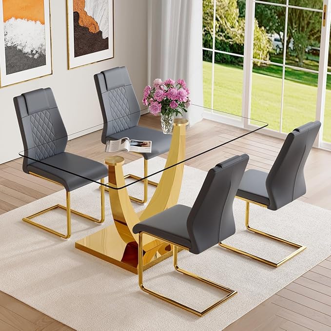 AZmac 63" Glass Dining Table Set for 4,Luxury Gold Dining Room Set with Stainless Steel Pedestal, Rectangular Tempered Glass Kitchen Table with PU Leather Chairs, for Kitchen Apartment