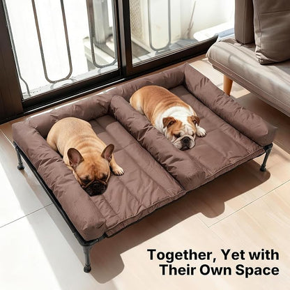 Veehoo Elevated Dog Bed for 2 Dogs, Cooling Raised Dog Bed with Bolster Mat | Outdoor Double Dog Bed with Removable Waterproof Cushion, Breathable Mesh, Non-Slip Feet for Outdoor & Indoor, 53", Brown