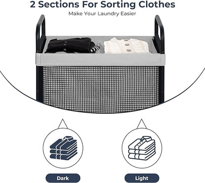 STO STO Laundry Hamper 2 Section, 100L Rolling Laundry Sorter Cart with Removable and Washable Liner Bag, Rolling Clothes Hamper with Metal Handle for Laundry Room and Bedroom, Gray