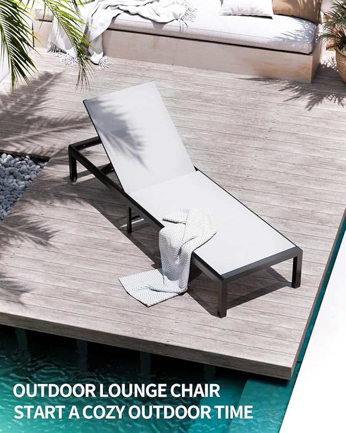 Aluminum Lounge Chairs Outdoor Chaise Furniture,2 Sets Patio Metal Deck Lounger Adjustable 5-Position Poolside Chase Recliner with Wheels for Beach,Coffee Table, (White, 2 Chairs)