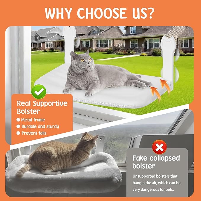 Cat Window Hammock 2-Pack,Foldable Cat Perch with Suction Cups & Metal Frame,Holds up to 40 lbs - Durable & Secure for Cats,Features 2-Sided Cushion & Easy Storage for Sunny Lounging(White)