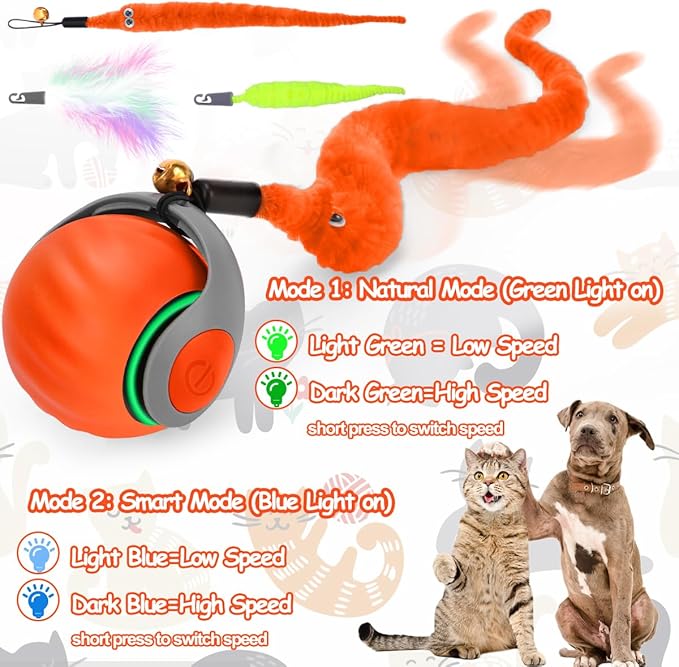 Interactive Cat Ball Toy, Self Rolling Ball with Cover Anti-Scratch for Bored Indoor Cat Chasing, Obstacle Avoidance Smart Cat Toys for Enrichment, Motion Activated Toys to Keep Them Busy （Orange）