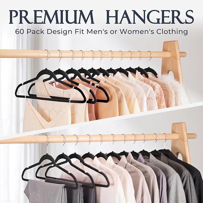HOUSE DAY Black Velvet Hangers 60 Pack, Non Slip Clothes Felt Hanger Heavy Duty for Coat, Premium Slim Space Saving Suit Hangers for Closet Organizer, 360° Rotating Silver Hook