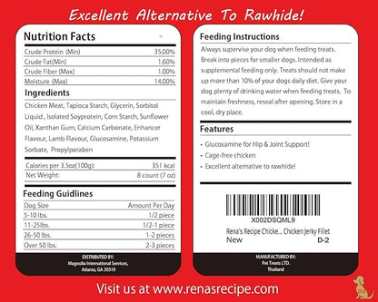 Rena's Recipe Chicken Fillet Sticks (8 Count) (7 oz) (Pack of 3) Rawhide Free Chicken Fillet Wrapped Chews with Glucosamine for Joint Health