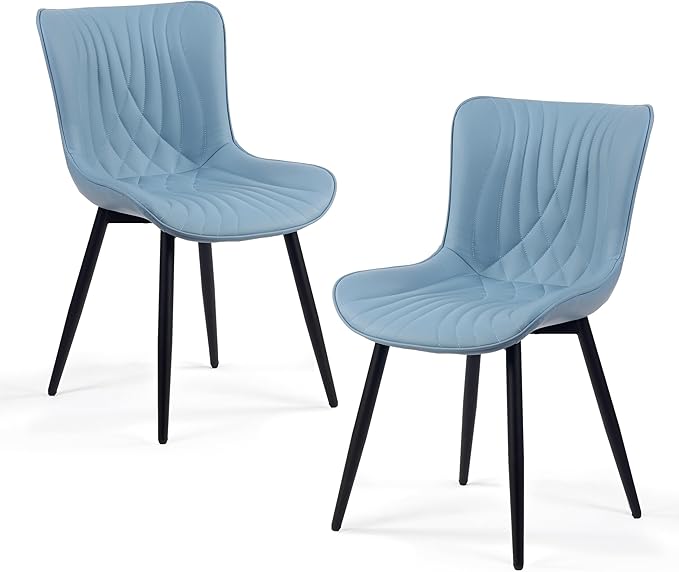 Kidol&Shellder Blue Dining Chairs Set of 2,Faux Leather Upholstered Mid Century Modern Kitchen&Dining Room Chair with Back,Ergonomic Armless Vanity&Living Room Chair with Metal Legs