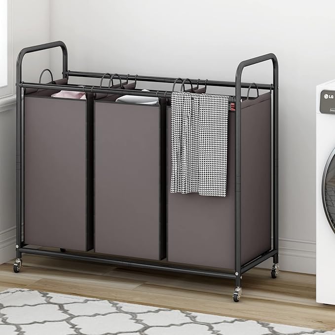 LINZINAR 3-Bag Laundry Sorter,Laundry Hamper Cart with Heavy Duty Rolling Lockable Wheels and Removable Bags (Brown)
