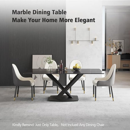 Modern Rectangle Marble Dining Table for 6,63" Black Marble Sintered Stone Top Dining Table,Rectangle Marble Dining Room Table with X-Shape Carbon Steel Pedestal for Kitchen/Living Room(Table Only)