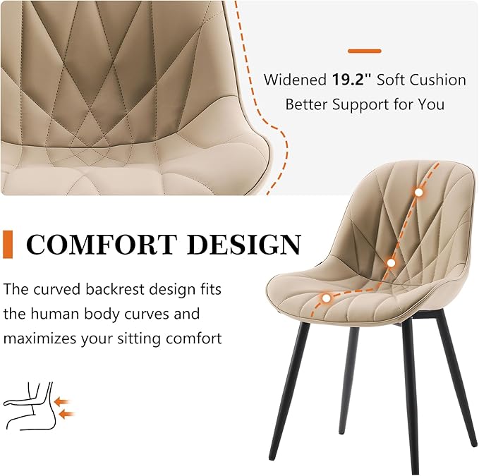 Rowill Dining Chairs Set of 2 - Modern Kitchen Chairs with Soft Backrest, Sturdy Metal Legs & Non-Slip Pads, Suitable for Home Kitchen, Faux Leather Upholstered Seats for Dining Room, Khaki