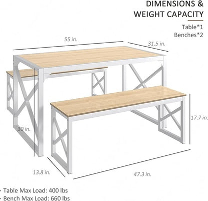 VECELO Kitchen Dining Table Benches Set for 4, 55" Wooden Dinette with 2 Benches, Heavy-Duty Dining Room Table for Small Space, Breakfast Nook, Natural Oak