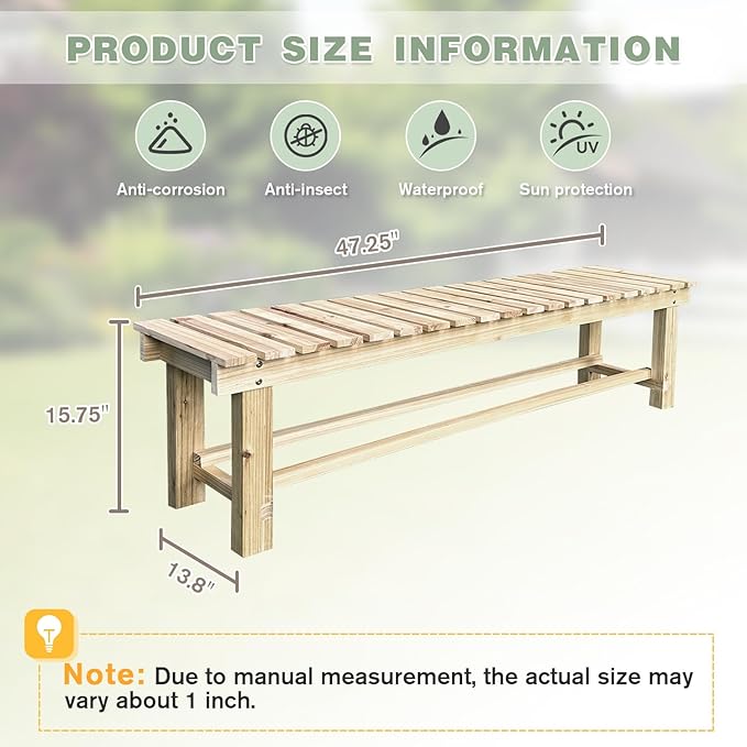 Outdoor Garden Bench, 3-Person Wood Patio Bench Weatherproof Outdoor Backless Bench, Anti-Corrosion and Anti-Rust Garden Benches for Garden Lawn Porch Park Backyard (Natural,47.25''/120cm)