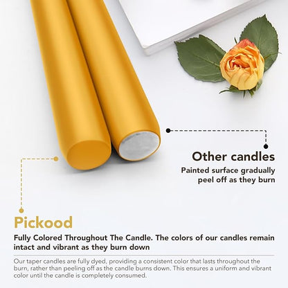 New Burning Formula Unscented Dripless 10-Inch Taper Candles Set of 12 - Spicy Mustard, for Wedding, Dinner - Smokeless, Long Burning - Hand Poured, Colored Tall Candlesticks - Mostaza Picante