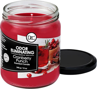Cranberry Punch Odor Eliminating Highly Fragranced Candle - Eliminates 95% of Pet, Smoke, Food, and Other Smells Quickly - Up to 80 Hour Burn time - 12 Ounce Premium Soy Blend
