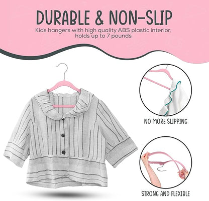 50 Premium Kids Velvet Hangers - 14" Non-Slip Clothes Hangers for Kids & Preteens - Ultra Slim, Space-Saving, Strong & Durable Hangers with 360° Swivel Hook - Pink