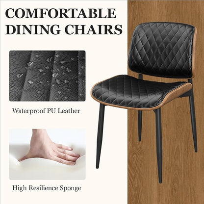 Dining Chairs Set of 8, Mid-Century Modern Upholstered PU Leather Chairs with Walnut Back and Metal Legs Adjustable Feet for Kitchen Dining Room, Black Diamond Plaid