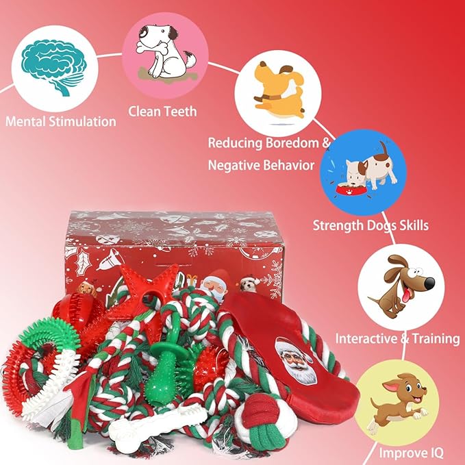 Beiker Christmas Dog Toys Bulk 15 Pack, Puppy Chew Toys for Teething Small Medium Puppies, Holiday Christmas Themed Presents Gifts Box Including Variety Tough Rubber and Rope Toys