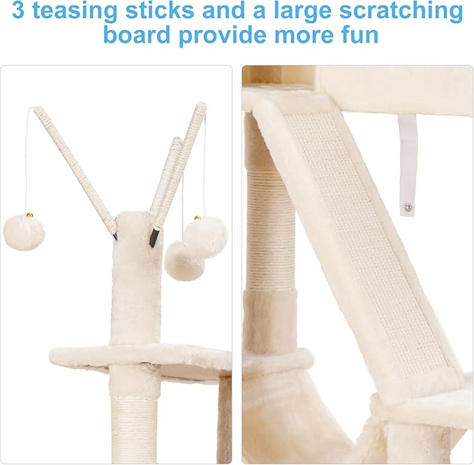Hey-brother Cat Tree, 61 inch Cat Tower for Indoor Cats, Cat House with Padded Platform Bed, Toy Balls, Large Cozy Condo, Hammocks and Sisal Scratching Posts, Beige 0MPJ019M