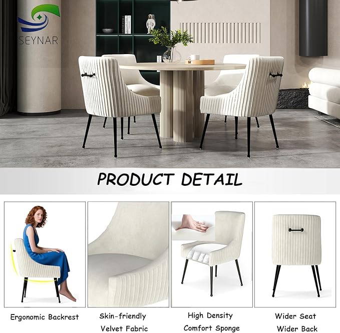 Velvet Dining Chairs Set of 2,Beige Upholstered Living Room Chairs with Black Metal Legs, Modern Tufted Accent Chairs for Living Room, Study Room, Kitchen