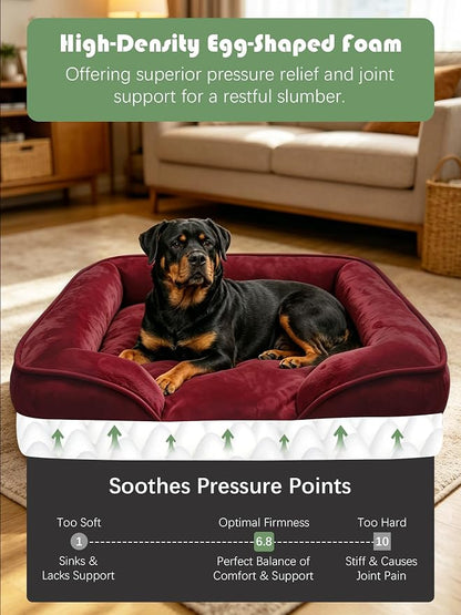 Spotted Play Orthopedic Dog Bed with Sides - Sofa Beds for Extra Large Dogs, Supportive Foam Pet Couch Bed with Washable Removable Cover, Waterproof Lining and Non-Slip Bottom, Burgundy - XL