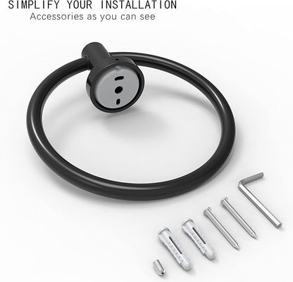 Matte Black Towel Ring, Hand Towel Holder for Bathroom Kitchen Modern Rounded Base Wall Mount SUS304 Stainless Steel