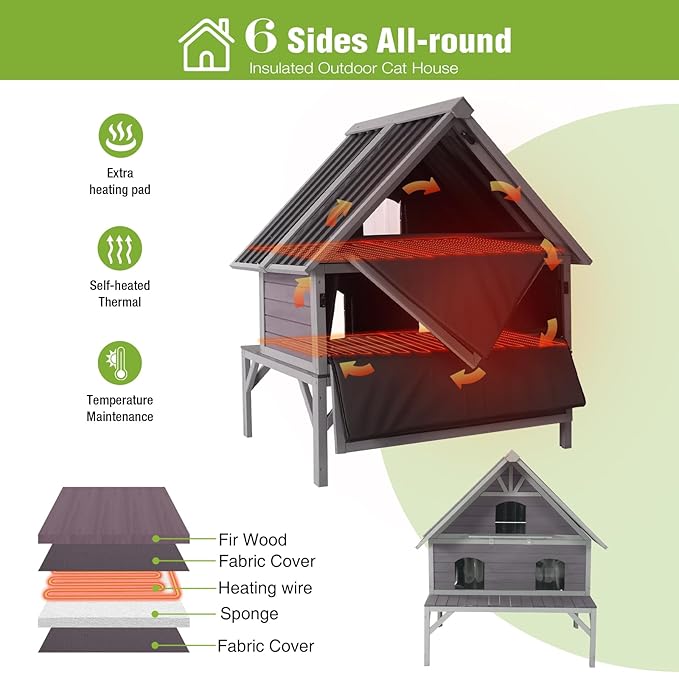GUTINNEEN Heated Cat House 2-Level Large Outdoor Cat House Insulated Weatherproof Feral Cat Shelter with 2 Heating Pads, Insulated All-Round Thermal Liner, Large Porch, 3 Escape Doors for 1-6 Cats