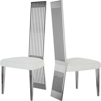 Silver Dining Chair Set of 4, White Boucle Dining Chairs with Polished Silver Stainless Steel Backrest and Legs, Modern Elegant Upholstered Dining Room Chairs for Dining Room Kitchen Restaurant