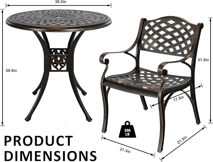 30.31" Outdoor Table and Chairs, Patio Table Set with 2.36" Umbrella Hole, Anti-Resistant Outdoor Dinning Set, Cast Aluminum Patio Furniture Set for Garden, Porch, Deck