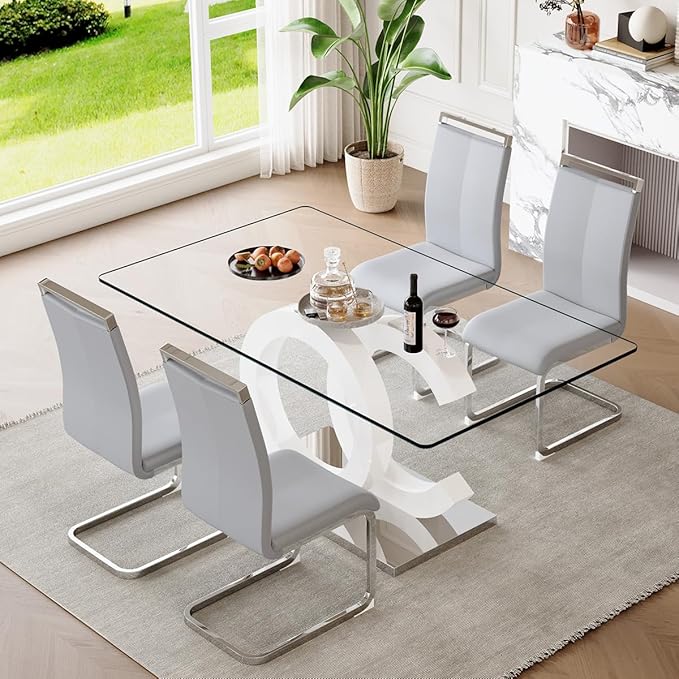 63'' Glass Dining Table Set for 4, Kitchen Table Chairs Set of 4, Clear Glass Dining Table with White unique design Leg and Silver Metal Base, 4 PU Dining Chairs with Metal Legs, Living Room, Kitchen.