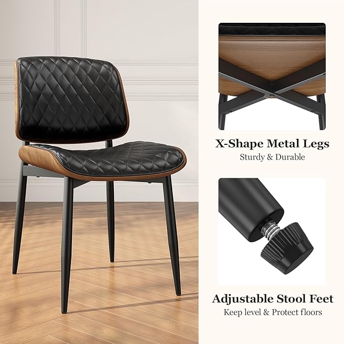 Dining Chairs Set of 4, Mid-Century Modern Upholstered PU Leather Chairs with Walnut Back and Metal Legs Adjustable Feet for Kitchen Dining Room, Black Diamond Plaid