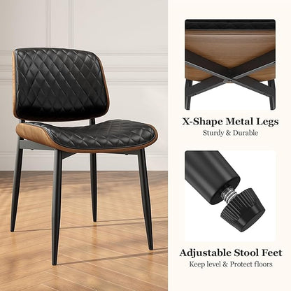 Dining Chairs Set of 4, Mid-Century Modern Upholstered PU Leather Chairs with Walnut Back and Metal Legs Adjustable Feet for Kitchen Dining Room, Black Diamond Plaid