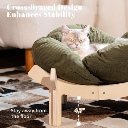 CHEERHOME PETS Elevated Cat Bed Wooden with Cushion Fluffy Pet Couch Sofa for Indoor Cats Raised Kitty Lounge Chair Suitable for Puppy, Cat Furniture(Green)