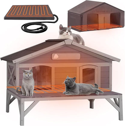 GUTINNEEN Heated Cat House for Outside Large Outdoor Insulated Cat House Weatherproof Feral Cat Shelter with Heated Pad, Insulated All-Round Thermal Liner, Chewproof Cable for 1-4 Cats (Winter-Ready)