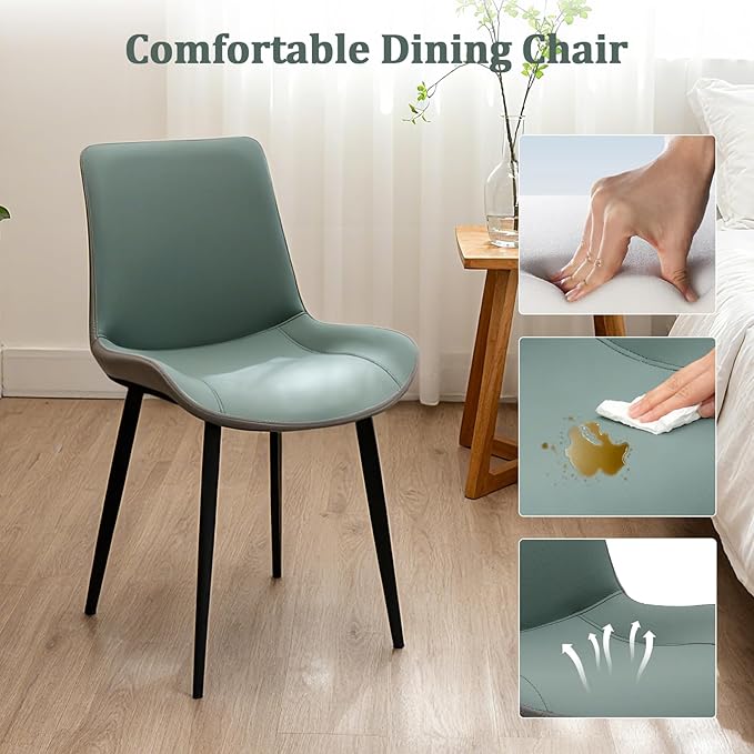 Dining Chairs, Modern PU Leather Dining Room Chair with Sturdy Metal Legs, Upholstered Seat Dinner Chairs Accent Side Chairs for Indoor Kitchen Living Room Restaurant (Green & Dark Grey, Set of 6)