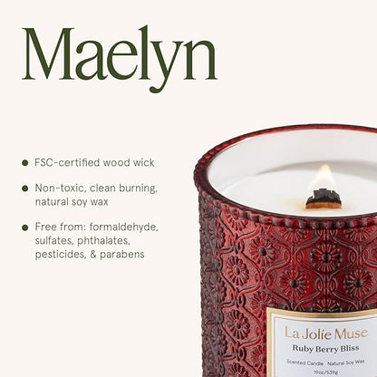 LA JOLIE MUSE Christmas Candle | Ruby Berry Bliss | Mandarin, Cranberry & Plum | 19 oz Soy Candle with Wooden Wick | 90-Hour Clean Burn | Holiday Winter Gift | Cozy Home Decor